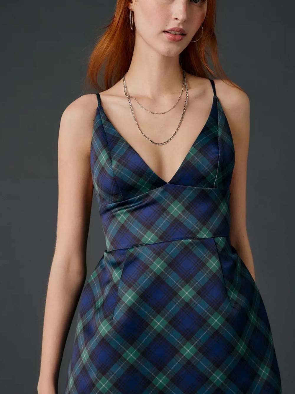 Urban Outfitters Blue and Green Plaid V-Neck Spaghetti-Strap Mini Dress